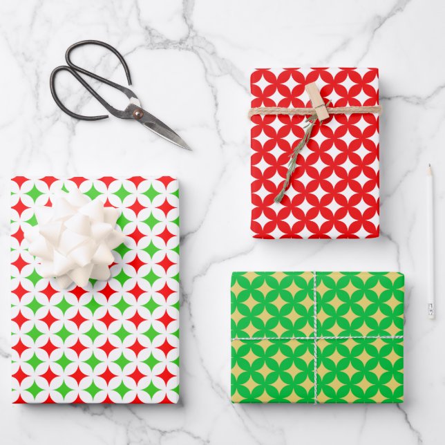 Diamond Star on Green, Red & White Wrapping Paper Sheets (Front)