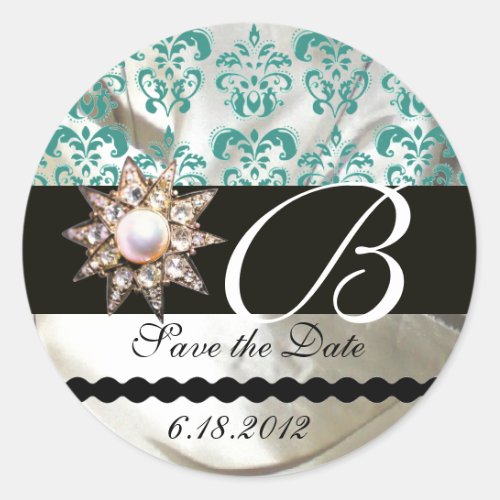 DIAMOND STAR WHITE BLUE SILK DAMASK MONOGRAM CLASSIC ROUND STICKER