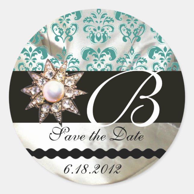 DIAMOND STAR WHITE BLUE SILK DAMASK MONOGRAM CLASSIC ROUND STICKER (Front)