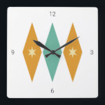 Diamond Starburst Argyle Mid Century Retro Square Wall Clock<br><div class="desc">This funky mid-century modern clock features 3 large diamonds with 2 stars in the center,  in a combination of the colors teal blue,  orange,  and tan.  This would make a fabulous addition to your wall!</div>
