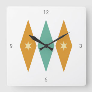 Diamond Starburst Argyle Mid Century Retro Square Wall Clock