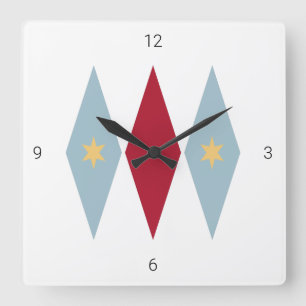 Diamond Starburst Blue Red Mid Century Retro Square Wall Clock