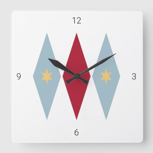 Diamond Starburst Blue Red Mid Century Retro Square Wall Clock