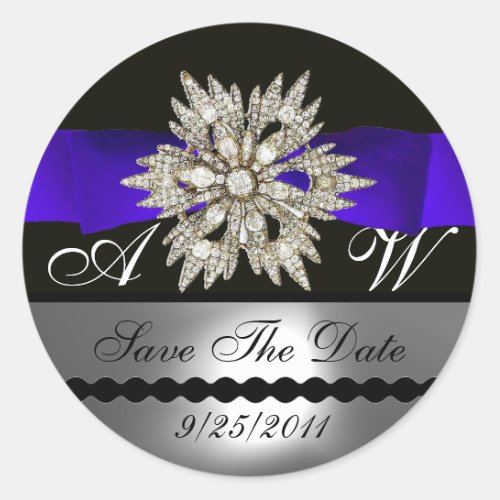 DIAMOND STARS BLACK WHITE BLUE RIBBON MONOGRAM CLASSIC ROUND STICKER