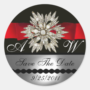 DIAMOND STARS BLACK WHITE RED RIBBON MONOGRAM CLASSIC ROUND STICKER