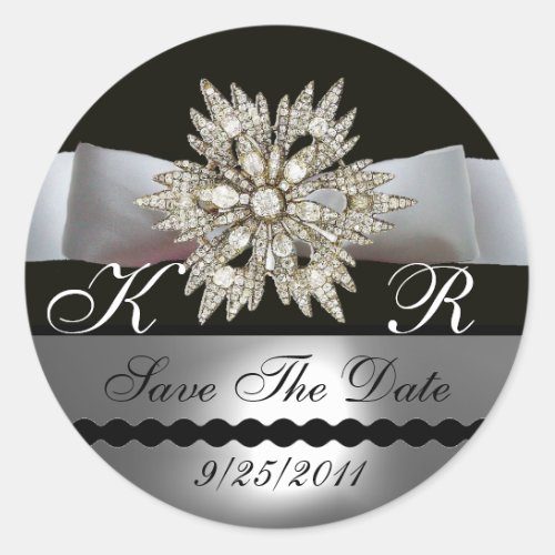 DIAMOND STARS BLACK WHITE RIBBON MONOGRAM CLASSIC ROUND STICKER