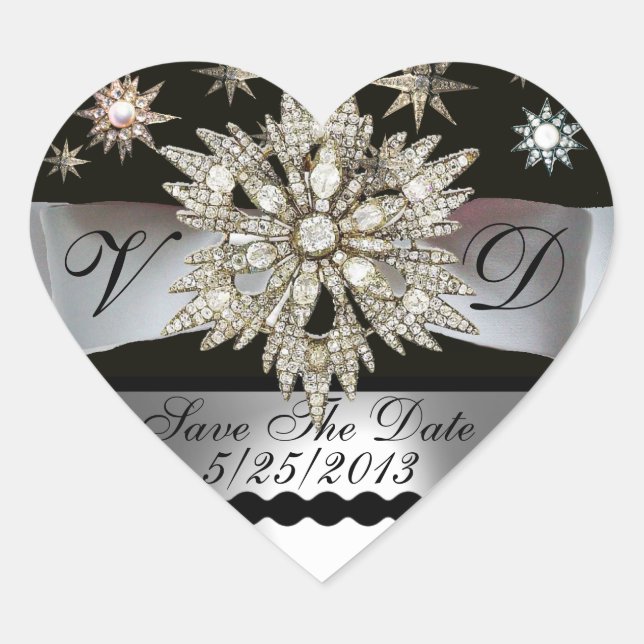 DIAMOND STARS BLACK WHITE RIBBON MONOGRAM HEART HEART STICKER (Front)