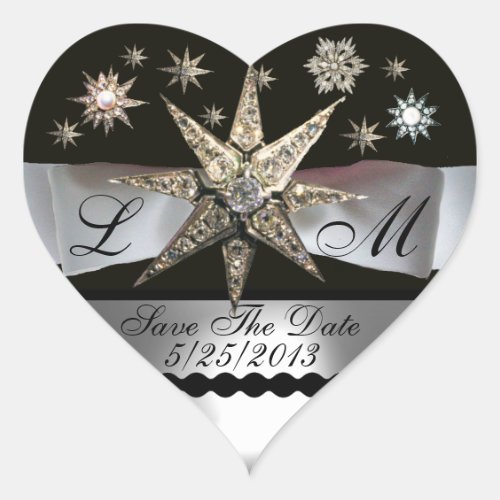 DIAMOND STARS BLACK WHITE RIBBON MONOGRAM HEART HEART STICKER