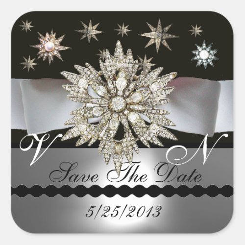 DIAMOND STARS BLACK WHITE RIBBON MONOGRAM SQUARE STICKER