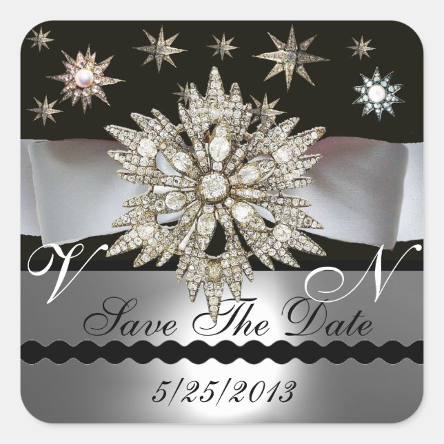 DIAMOND STARS BLACK WHITE RIBBON MONOGRAM SQUARE STICKER (Front)
