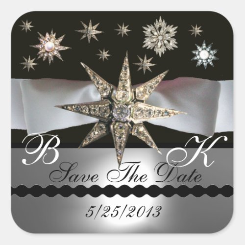 DIAMOND STARS BLACK WHITE RIBBON MONOGRAM SQUARE STICKER