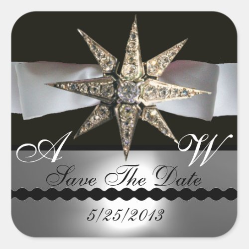 DIAMOND STARS BLACK WHITE RIBBON MONOGRAM SQUARE STICKER