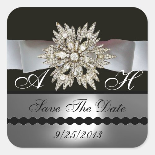 DIAMOND STARS BLACK WHITE RIBBON MONOGRAM SQUARE STICKER