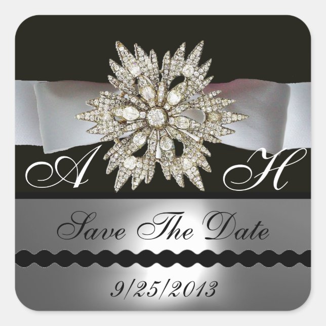 DIAMOND STARS BLACK WHITE RIBBON MONOGRAM SQUARE STICKER (Front)