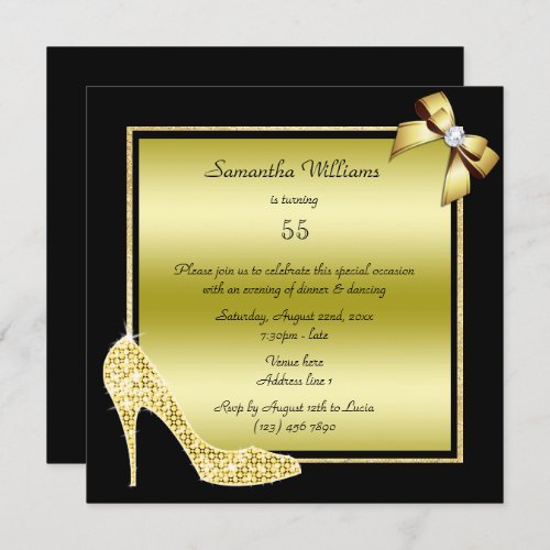 Diamond Stiletto  Romantic Gold Bow Birthday Invitation
