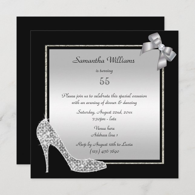 Diamond Stiletto & Romantic Silver Bow Birthday Invitation (Front/Back)