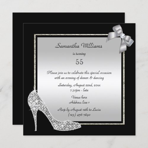 Diamond Stiletto  Romantic Silver Bow Birthday Invitation