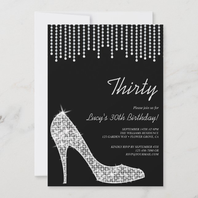 Diamond Stiletto & Suspended Beads 30th Birthday Invitation (Front)