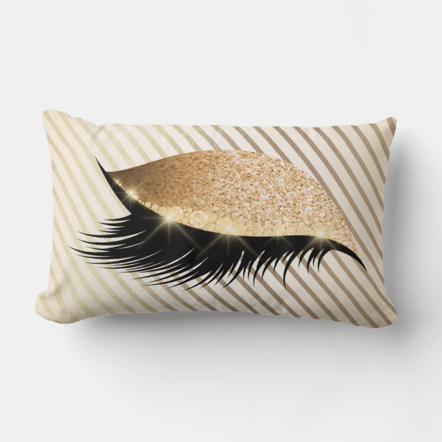 Diamond Stripes Lashes Gold Glitter Ivory Pearl Lumbar Pillow (Front)