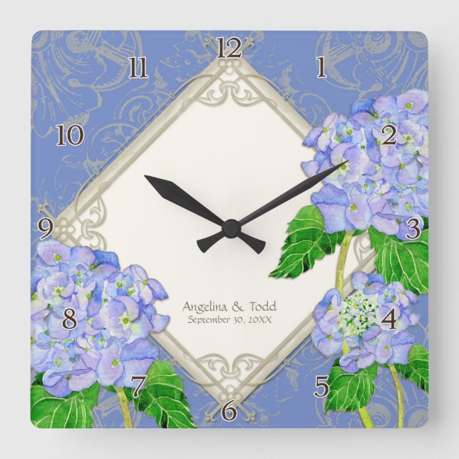Diamond Swirl Blue Hydrangea Wedding Anniversary Square Wall Clock (Front)