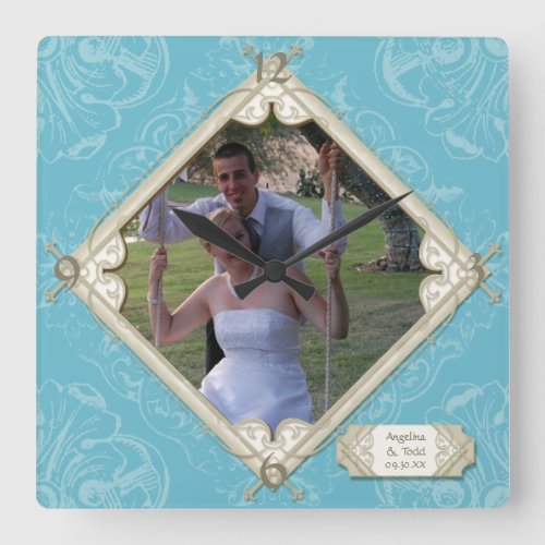 Diamond Swirl Blue Hydrangea Wedding Photograph Square Wall Clock