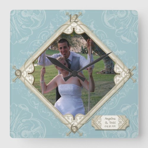 Diamond Swirl Blue Hydrangea Wedding Photograph Square Wall Clock