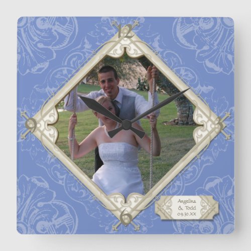 Diamond Swirl Blue Hydrangea Wedding Photograph Square Wall Clock