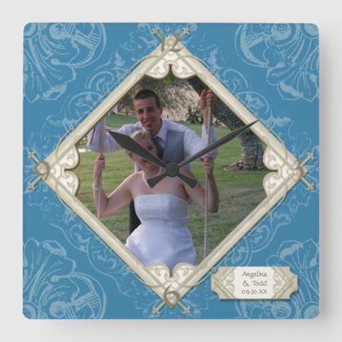 Diamond Swirl Blue Hydrangea Wedding Photograph Square Wall Clock