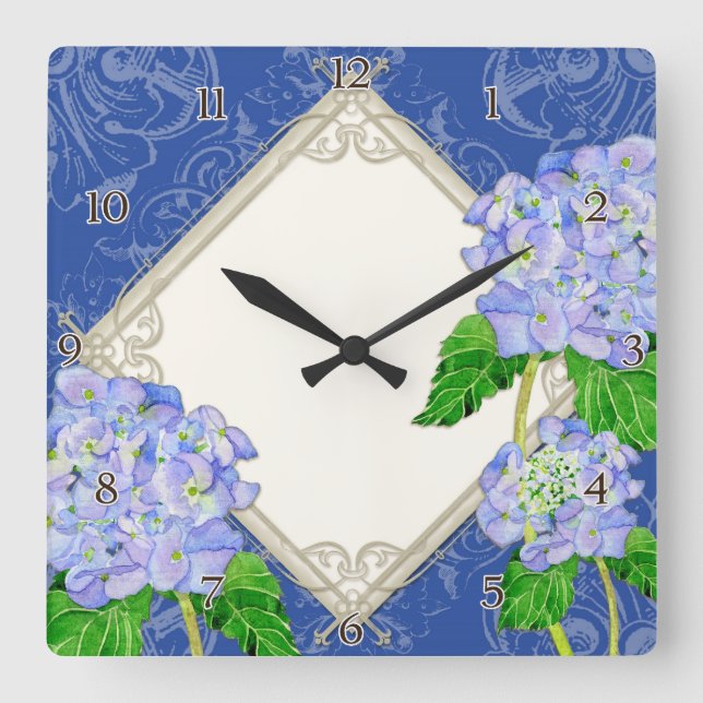 Diamond Swirl Etchings Blue Hydrangea Home Decor Square Wall Clock (Front)