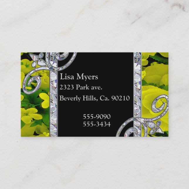 Diamond Swirls & Yellow Roses Business Card (Front)