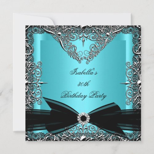 Diamond Teal Blue Black Bow Silver Birthday Party Invitation