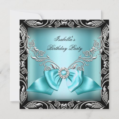 Diamond Teal Blue Bow Silver Black Birthday Party Invitation