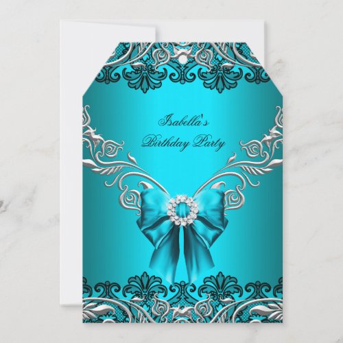 Diamond Teal Blue Silver Black Lace Birthday Party Invitation