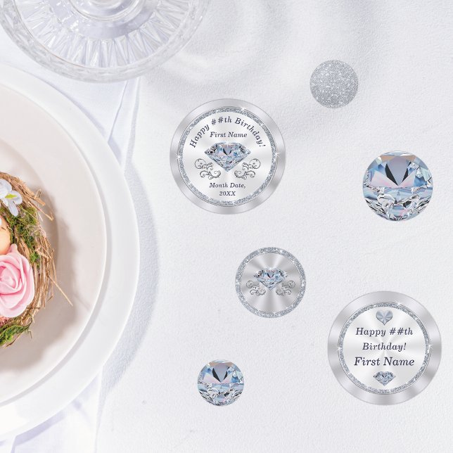 Diamond Theme Personalized, Happy Birthday Table Confetti (Personalized, Birthday Confetti for Diamond Birthday Party Ideas and Diamond Table Decorations.)