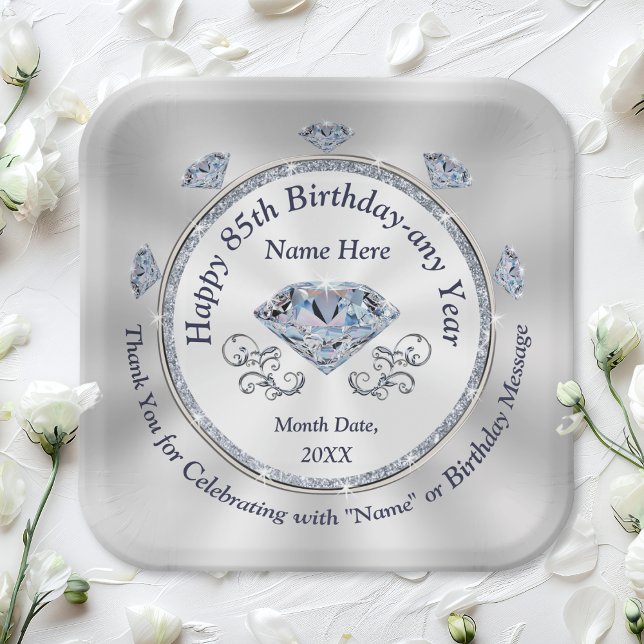 Diamond themed, 85th Birthday Plates, Personalized Paper Plates (85th birthday plates. Diamond paper plates in 2 sizes and 2 shapes. 85th birthday party ideas, mom.)