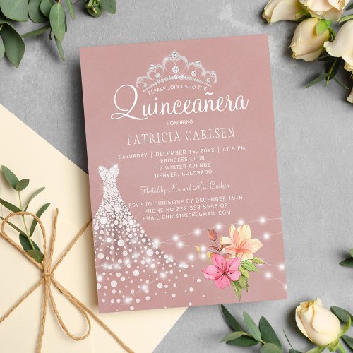 Diamond tiara and dress floral chic quinceanera invitation