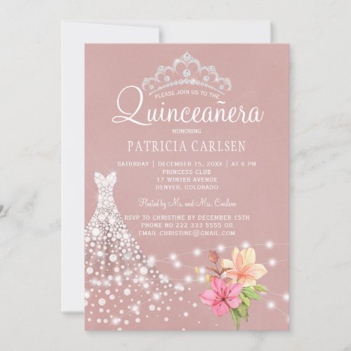 Diamond tiara and dress floral chic quinceanera invitation