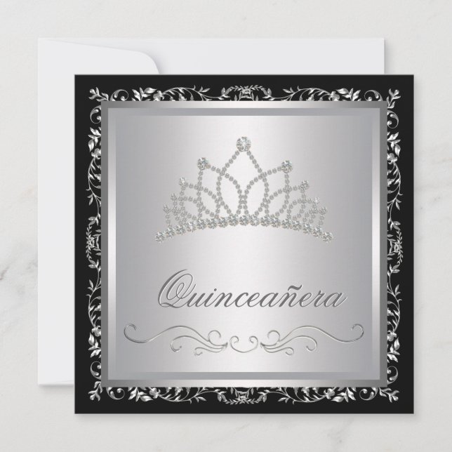 Diamond Tiara Black Damask Quinceanera Invitation (Front)