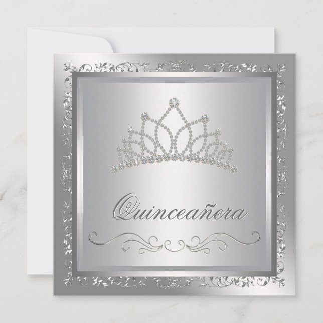 Diamond Tiara Elegant Silver Damask Quinceanera Invitation (Front)