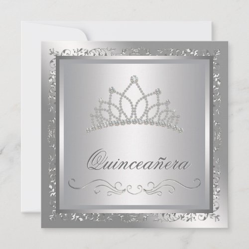Diamond Tiara Elegant Silver Damask Quinceanera Invitations