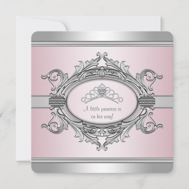 Diamond Tiara Gray Pink Princess Baby Girl Shower Invitation (Front)