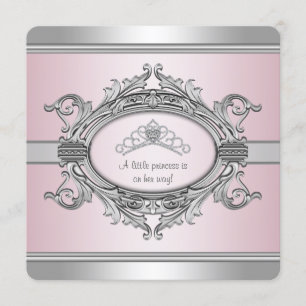 Diamond Tiara Gray Pink Princess Baby Girl Shower Invitation