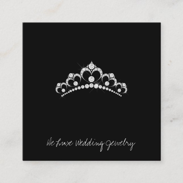 Diamond tiara on black wedding jeweler square business card (Front)