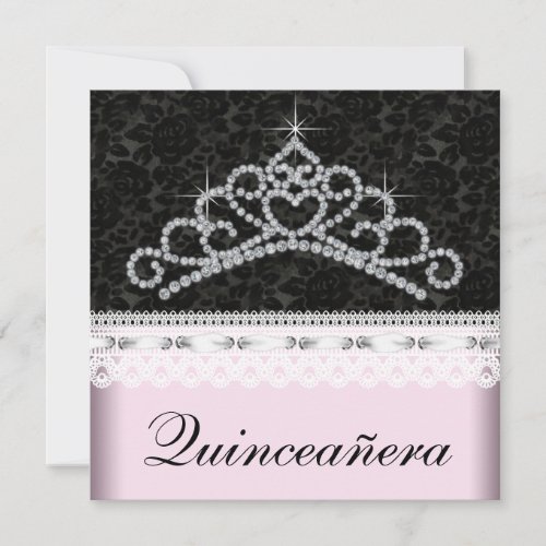 Diamond Tiara Pink Black Sweet 15 Quinceanera Invitation