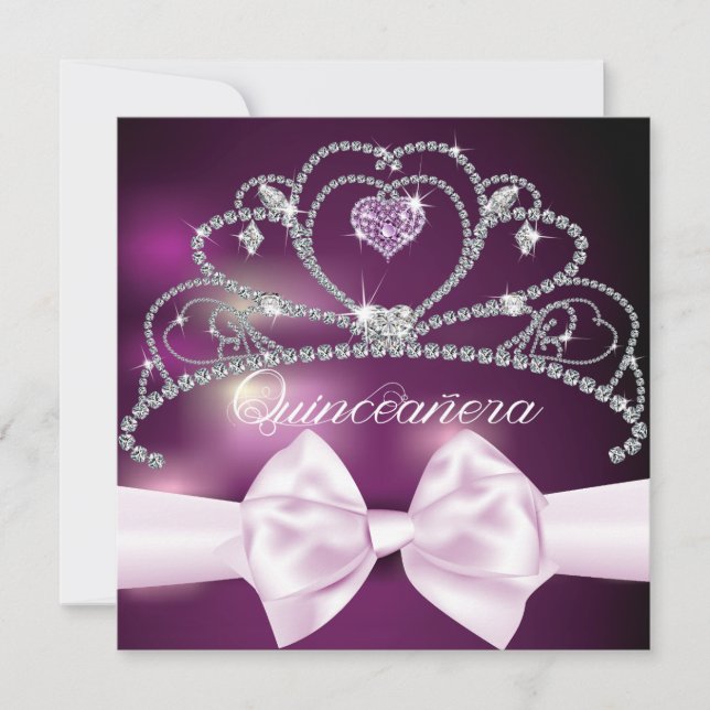 Diamond Tiara Pink Bow Quinceañera Invitation (Front)