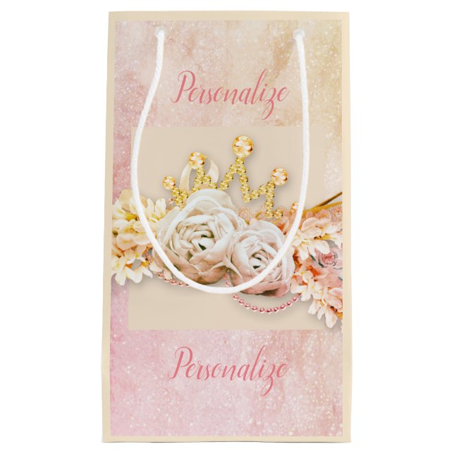 Diamond tiara pink rose girly  small gift bag (Front)