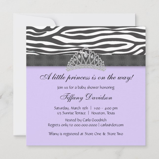 Diamond Tiara Purple Zebra Princess Baby Shower Invitation (Front)