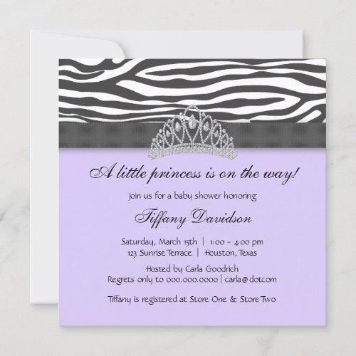 Diamond Tiara Purple Zebra Princess Baby Shower Invite