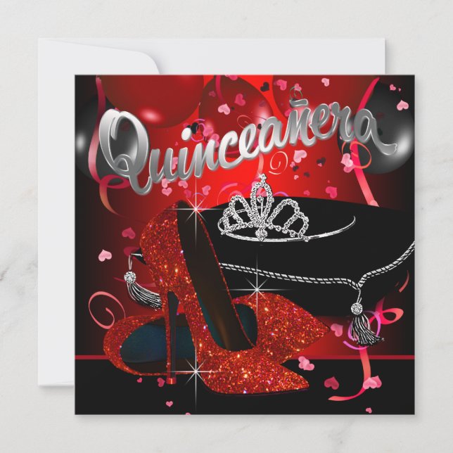 Diamond Tiara Red and Black Quinceanera Invitation (Front)
