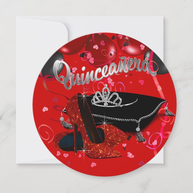 Diamond Tiara Red and Black Quinceanera Invitation (Front)